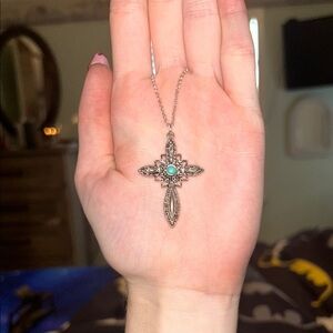 Elegant Silver Cross Pendant Necklace with Turquoise Accent